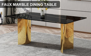 English Elm Modern Minimalist Dining Table With Black Glass Top & Gold Metal Legs - Versatile For Any Space W1151S04321
