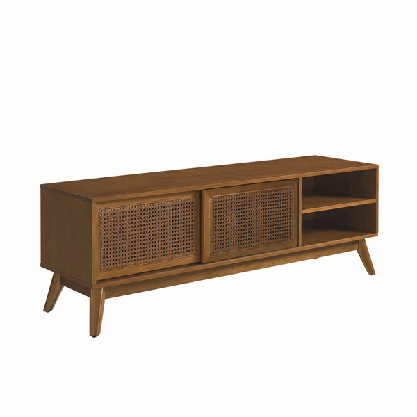 English Elm 59 Mid Century Rattan TV Stand 59" 65-inch Ready Media Console with Solid Wood Legs, Smooth Slides and Natural Birch Finish Brown Ebony W1801115775