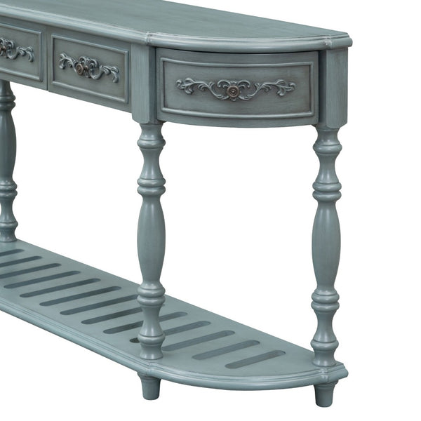 English Elm U_style Curved Console Table with Roman Legs Four Drawers Open Shelf Entryway Accent Antique Blue N711P186862C