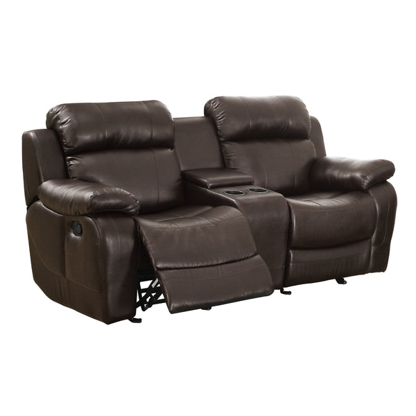 English Elm Double Double Glider Reclining Love Seat with Center Console, Brown Faux Leather, Cupholders, Contemporary Comfort B011133253