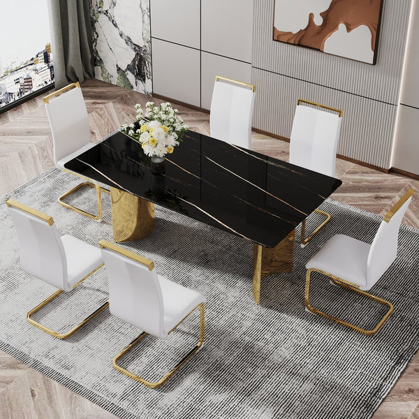 English Elm Modern Minimalist Dining Table With Black Glass Top & Gold Metal Legs - Versatile For Any Space W1151S04321
