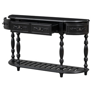English Elm U_style Curved Console Table with Roman Legs Four Drawers Open Shelf Entryway Accent Black N711P186862B