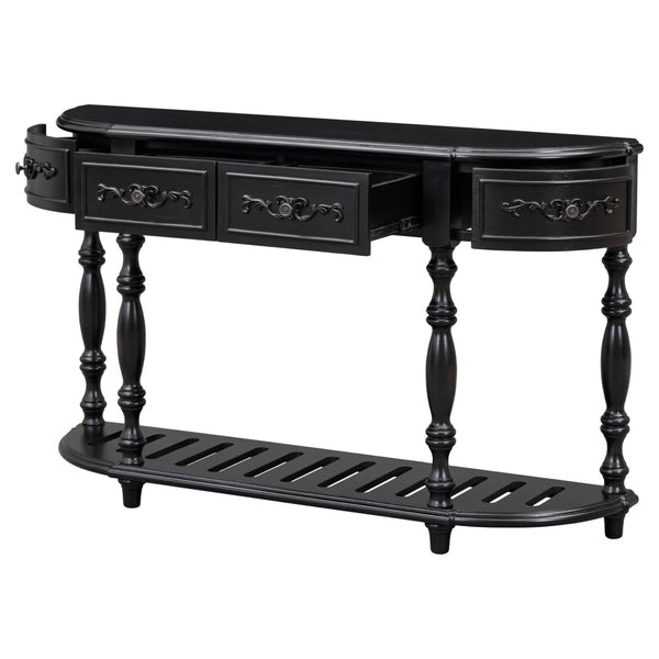 English Elm U_style Curved Console Table with Roman Legs Four Drawers Open Shelf Entryway Accent Black N711P186862B