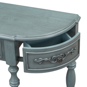 English Elm U_style Curved Console Table with Roman Legs Four Drawers Open Shelf Entryway Accent Antique Blue N711P186862C