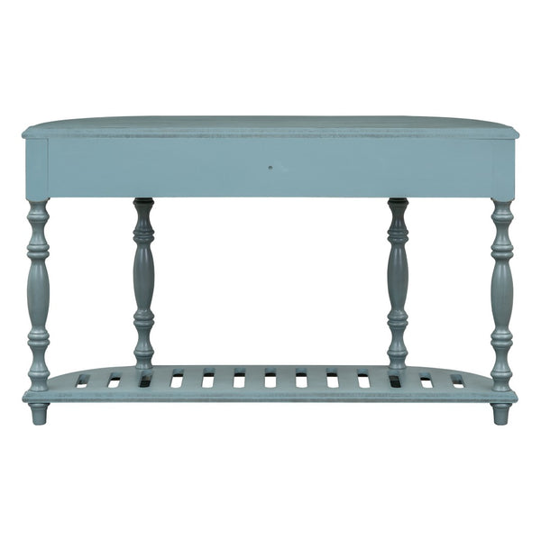 English Elm U_style Curved Console Table with Roman Legs Four Drawers Open Shelf Entryway Accent Antique Blue N711P186862C