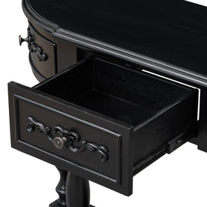 English Elm U_style Curved Console Table with Roman Legs Four Drawers Open Shelf Entryway Accent Black N711P186862B