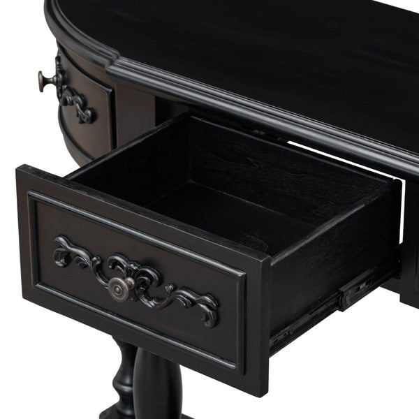 English Elm U_style Curved Console Table with Roman Legs Four Drawers Open Shelf Entryway Accent Black N711P186862B