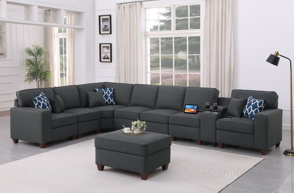 English Elm Hannah Dark Gray Linen Sectional Sofa with Ottoman, USB Cupholder Console, Removable Cushions, Modular Rearrangeable B102S00036
