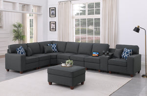 English Elm Hannah Dark Gray Linen Sectional Sofa with Ottoman, USB Cupholder Console, Removable Cushions, Modular Rearrangeable B102S00036