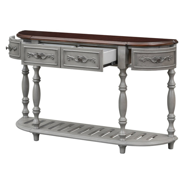 English Elm U_style Curved Console Table with Roman Legs Four Drawers Open Shelf Entryway Accent Antique Grey N711P186862E