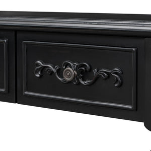 English Elm U_style Curved Console Table with Roman Legs Four Drawers Open Shelf Entryway Accent Black N711P186862B