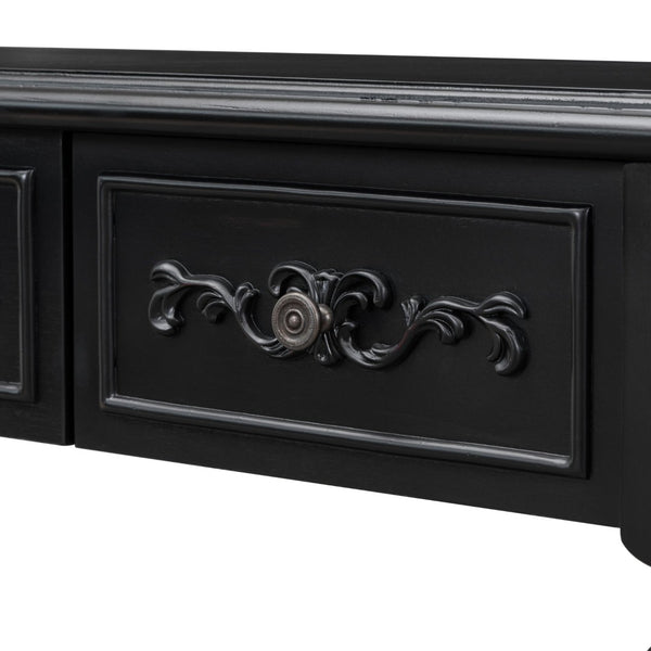 English Elm U_style Curved Console Table with Roman Legs Four Drawers Open Shelf Entryway Accent Black N711P186862B