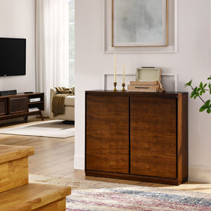 English Elm Walnut-colored Mid-Century Sideboard with 2 Outlet Holes, Fine Wood Grain Storage Cabinet 39"x9.25"x32.63" W1801121417