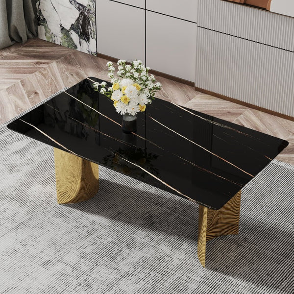 English Elm Only Tempered Glass Tabletop Gold Marble Vein Pattern Large Dining Desk Surface Black W1151119529