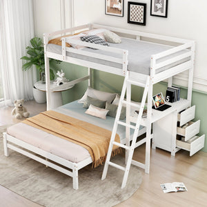 English Elm Twin Twin over Full Bunk Bed with Built-In Desk, Three Drawers, Solid Pine Frame and Convertible Splitability White GX000709AAK