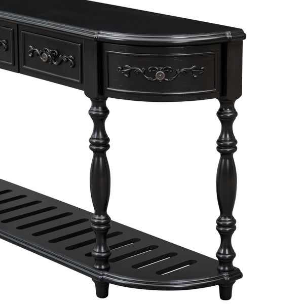 English Elm U_style Curved Console Table with Roman Legs Four Drawers Open Shelf Entryway Accent Black N711P186862B
