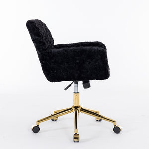 English Elm A&A Plush Rabbit Hair Office Chair with Golden Metal Base, Oversized Seat, Reclining Swivel Comfort Black W1143125531