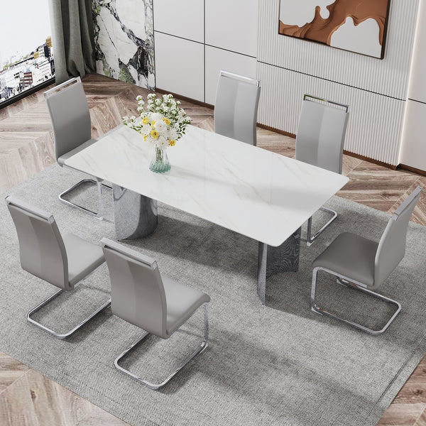 English Elm Modern Minimalist Dining Table With White Imitation Marble Top & Silver Metal Legs - Versatile Design W1151S00386