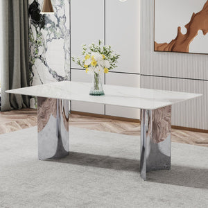 English Elm Modern minimalist dining table with imitation marble glass top and metal legs for elegant gatherings, 77" Silver,White W1151S03386