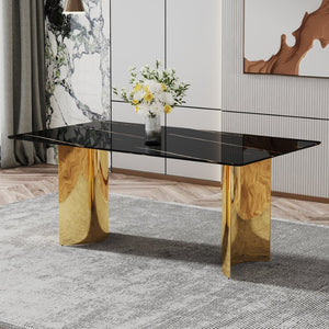 English Elm Only Tempered Glass Tabletop Gold Marble Vein Pattern Large Dining Desk Surface Black W1151119529