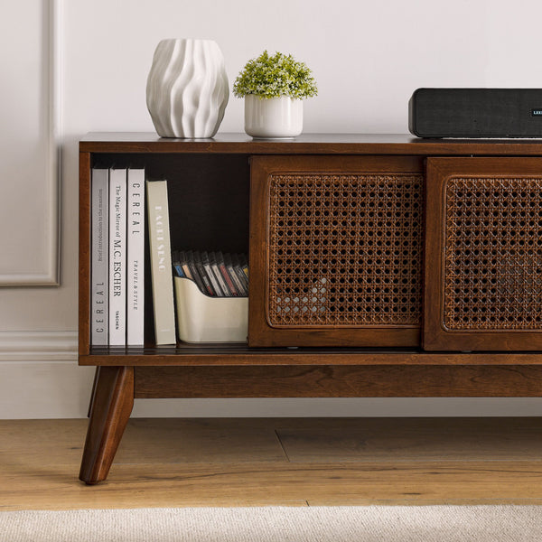 English Elm 59 Mid Century Rattan TV Stand 59" 65-inch Ready Media Console with Solid Wood Legs, Smooth Slides and Natural Birch Finish Walnut W1801115776