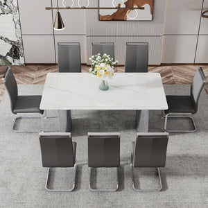 English Elm Modern Minimalist Dining Table With White Imitation Marble Top & Silver Metal Legs - Versatile Design W1151S00386