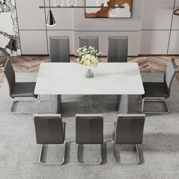 English Elm Modern Minimalist Dining Table With White Imitation Marble Top & Silver Metal Legs - Versatile Design W1151S00386