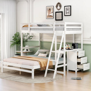 English Elm Twin Twin over Full Bunk Bed with Built-In Desk, Three Drawers, Solid Pine Frame and Convertible Splitability White GX000709AAK