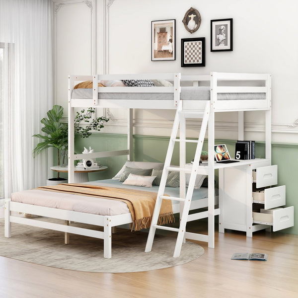 English Elm Twin Twin over Full Bunk Bed with Built-In Desk, Three Drawers, Solid Pine Frame and Convertible Splitability White GX000709AAK