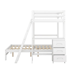 English Elm Twin Twin over Full Bunk Bed with Built-In Desk, Three Drawers, Solid Pine Frame and Convertible Splitability White GX000709AAK
