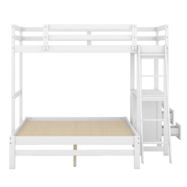 English Elm Twin Twin over Full Bunk Bed with Built-In Desk, Three Drawers, Solid Pine Frame and Convertible Splitability White GX000709AAK