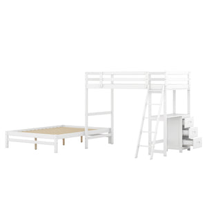 English Elm Twin Twin over Full Bunk Bed with Built-In Desk, Three Drawers, Solid Pine Frame and Convertible Splitability White GX000709AAK