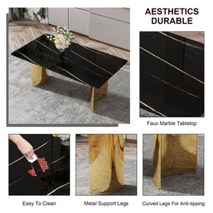 English Elm Modern Minimalist Dining Table With Black Glass Top & Gold Metal Legs - Versatile For Any Space W1151S04321