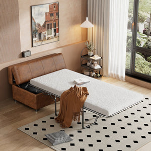 English Elm Twin Folding Ottoman Guest Sleeper Pu Leather Convertible Bed for Studio Apartments Brown WF307724AAD