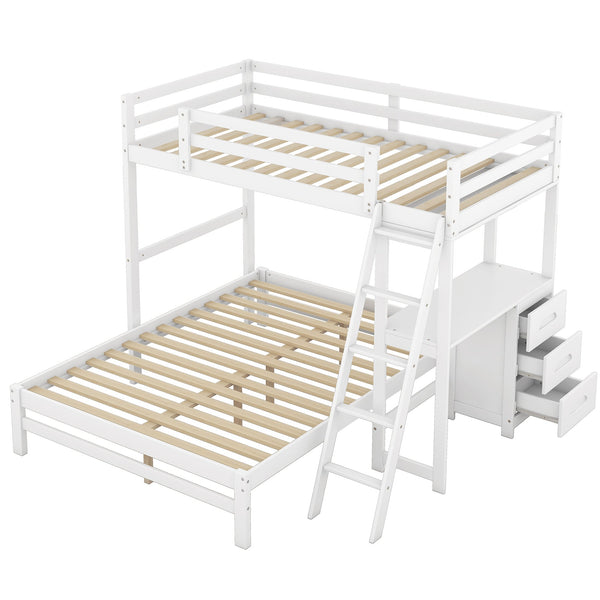 English Elm Twin Twin over Full Bunk Bed with Built-In Desk, Three Drawers, Solid Pine Frame and Convertible Splitability White GX000709AAK