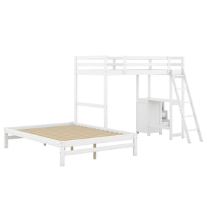 English Elm Twin Twin over Full Bunk Bed with Built-In Desk, Three Drawers, Solid Pine Frame and Convertible Splitability White GX000709AAK