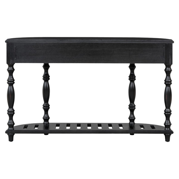 English Elm U_style Curved Console Table with Roman Legs Four Drawers Open Shelf Entryway Accent Black N711P186862B