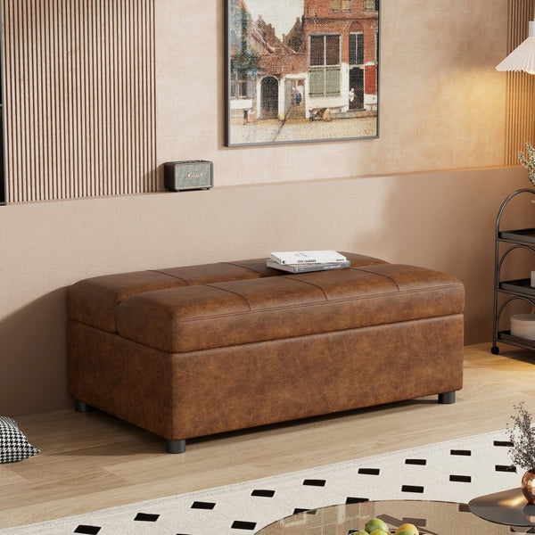 English Elm Twin Folding Ottoman Guest Sleeper Pu Leather Convertible Bed for Studio Apartments Brown WF307724AAD