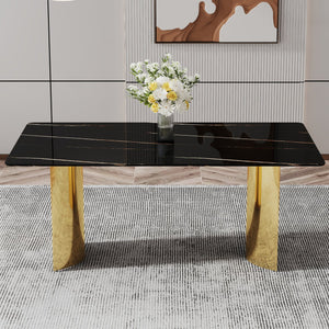 English Elm Modern Minimalist Dining Table With Black Glass Top & Gold Metal Legs - Versatile For Any Space W1151S04321