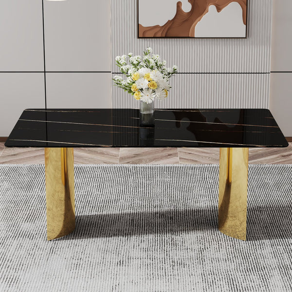 English Elm Modern Minimalist Dining Table With Black Glass Top & Gold Metal Legs - Versatile For Any Space W1151S04321