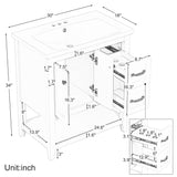 English Elm 30" Bathroom Vanity With Ceramic Sink Top, Vanity Cabinet With Multi-Functional Drawer, Solid Wood Legs, White