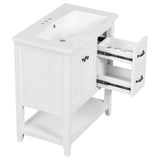 English Elm 30" Bathroom Vanity With Ceramic Sink Top, Vanity Cabinet With Multi-Functional Drawer, Solid Wood Legs, White