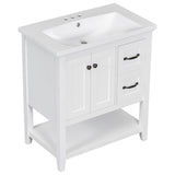 English Elm 30" Bathroom Vanity With Ceramic Sink Top, Vanity Cabinet With Multi-Functional Drawer, Solid Wood Legs, White