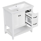 English Elm 30" Bathroom Vanity With Ceramic Sink Top, Vanity Cabinet With Multi-Functional Drawer, Solid Wood Legs, White