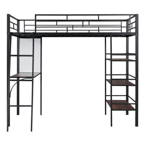 English Elm Twin Loft Metal Bed with Built-In Desk, 3 Open Shelves & Whiteboard, Sturdy Slatted Guardrails, Space-Saving Design Black SF000022AAB