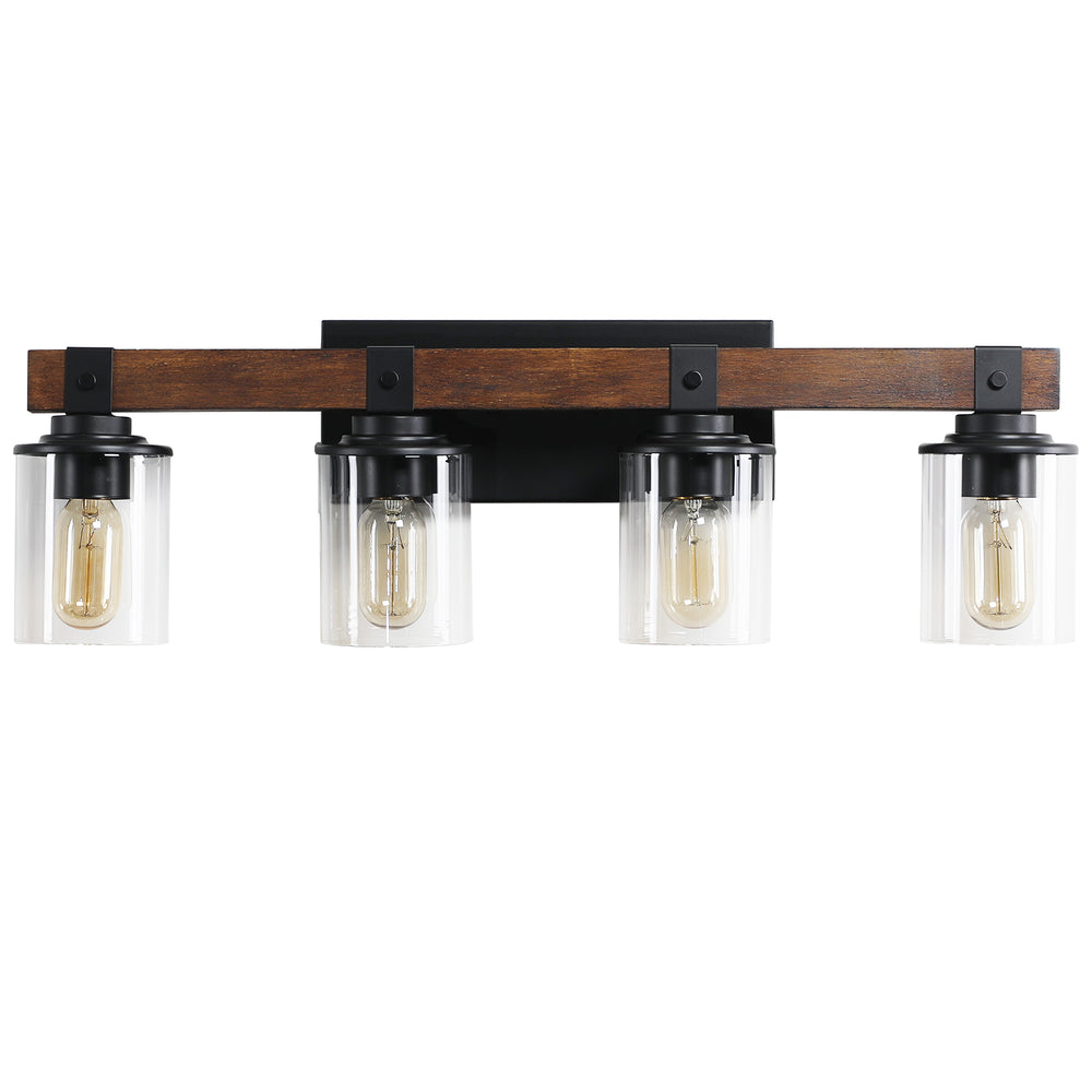 English Elm (Same) 27" Rustic 4-Light Vanity Light - Industrial Bathroom Sconce With Wood Accents & Glass Shades W1340P206656