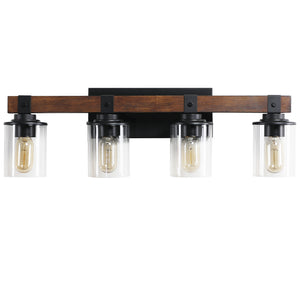 English Elm (Same) 27" Rustic 4-Light Vanity Light - Industrial Bathroom Sconce With Wood Accents & Glass Shades W1340P206656