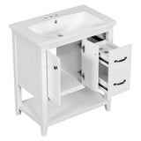 English Elm 30" Bathroom Vanity With Ceramic Sink Top, Vanity Cabinet With Multi-Functional Drawer, Solid Wood Legs, White