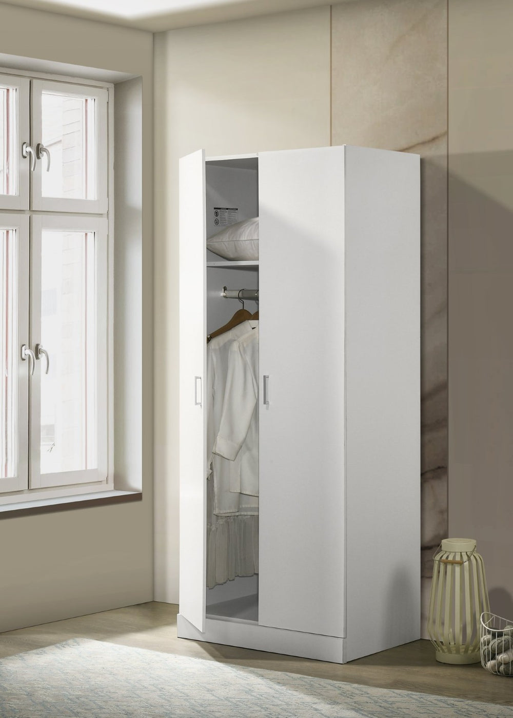 English Elm Michael Tall White Wardrobe Armoire with Hanging Rod Shelf for Bedroom Storage B061133845