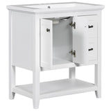 English Elm 30" Bathroom Vanity With Ceramic Sink Top, Vanity Cabinet With Multi-Functional Drawer, Solid Wood Legs, White